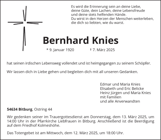 Todesanzeige von Bernhard Knies von trierischer_volksfreund