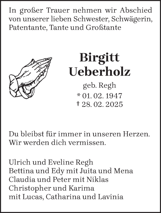 Todesanzeige von Birgitt Ueberholz von trierischer_volksfreund