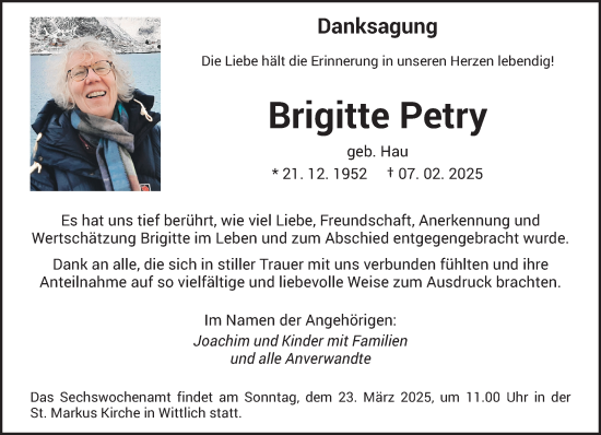 Todesanzeige von Brigitte Petry von trierischer_volksfreund