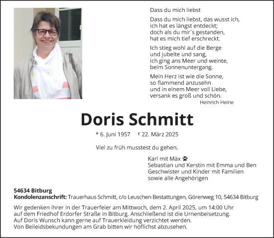 Todesanzeige von Doris Schmitt von trierischer_volksfreund