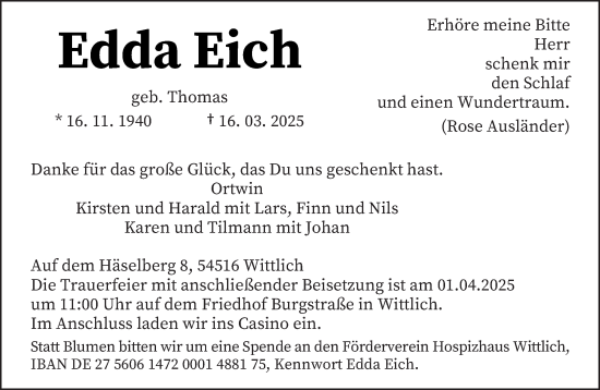 Todesanzeige von Edda Eich von trierischer_volksfreund