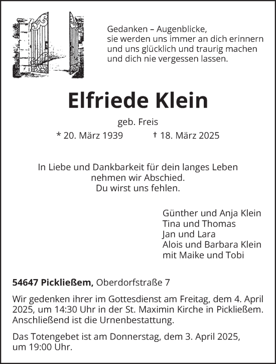 Todesanzeige von Elfriede Klein von trierischer_volksfreund