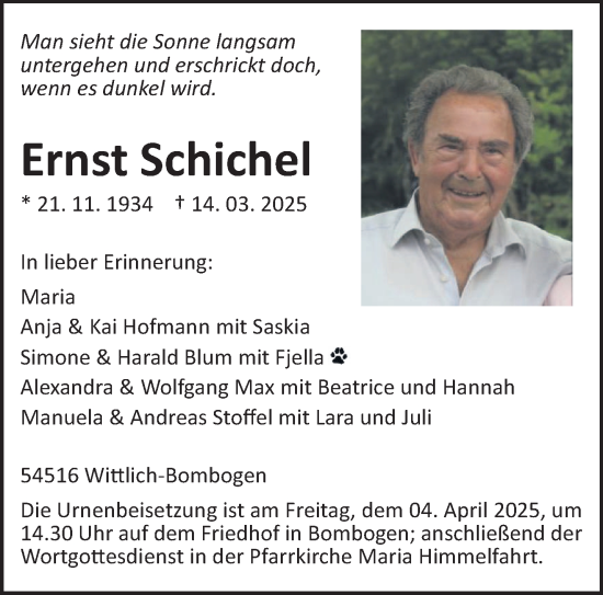 Todesanzeige von Ernst Schichel von trierischer_volksfreund