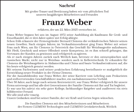 Todesanzeige von Franz Weber von trierischer_volksfreund