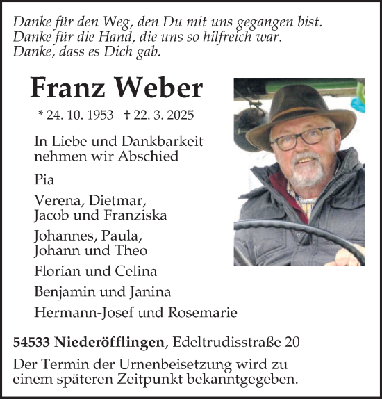 Todesanzeige von Franz Weber von trierischer_volksfreund