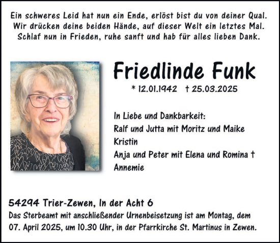 Todesanzeige von Friedlinde Funk von trierischer_volksfreund