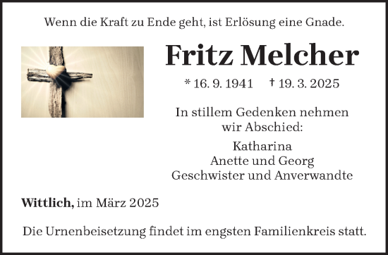 Todesanzeige von Fritz Melcher von trierischer_volksfreund