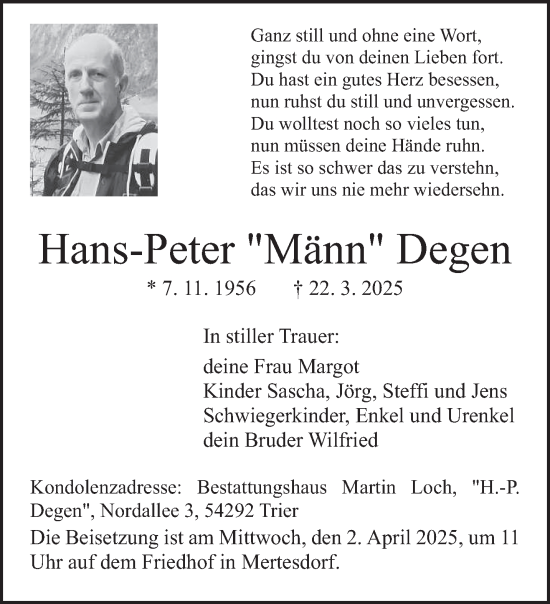 Todesanzeige von Hans-Peter Degen von trierischer_volksfreund