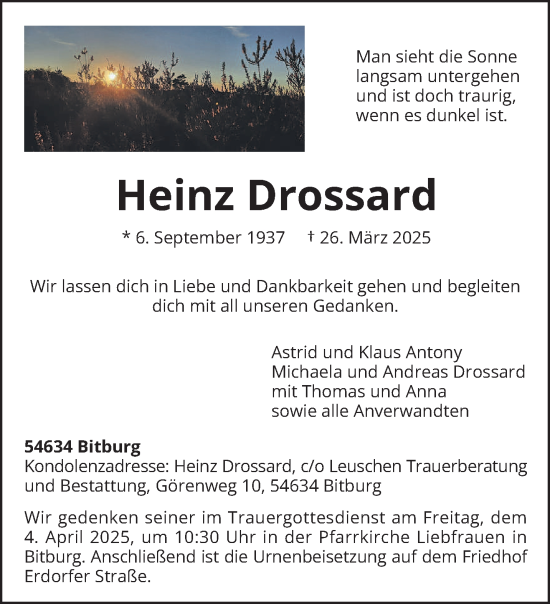 Todesanzeige von Heinz Drossard von trierischer_volksfreund