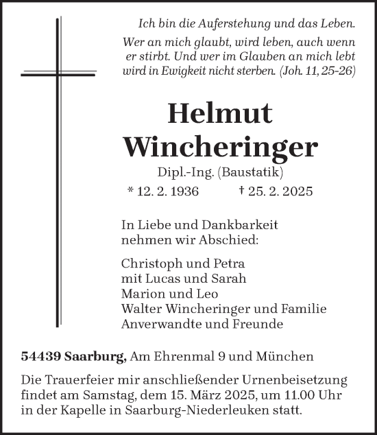 Todesanzeige von Helmut Wincheringer von trierischer_volksfreund