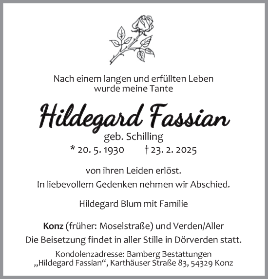 Todesanzeige von Hildegard Fassian von trierischer_volksfreund