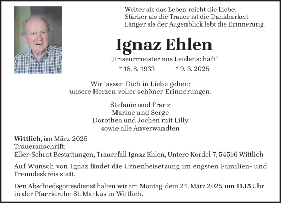 Todesanzeige von Ignaz Ehlen von trierischer_volksfreund