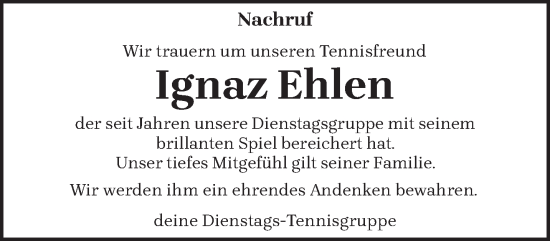 Todesanzeige von Ignaz Ehlen von trierischer_volksfreund