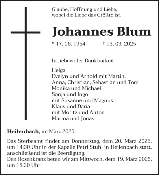 Todesanzeige von Johannes Blum von trierischer_volksfreund