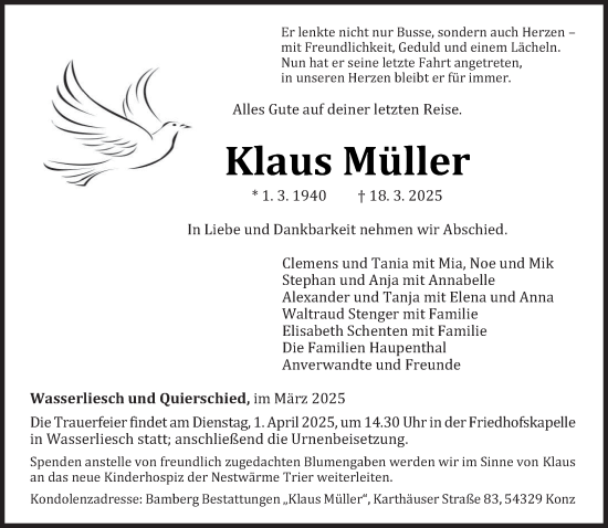 Todesanzeige von Klaus Müller von trierischer_volksfreund