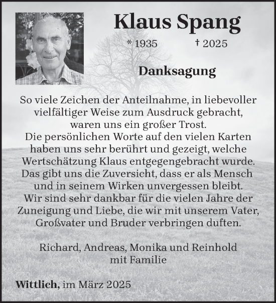 Todesanzeige von Klaus Spang von trierischer_volksfreund