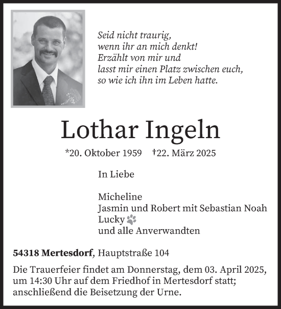 Todesanzeige von Lothar Ingeln von trierischer_volksfreund