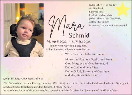 Todesanzeige von Mara Schmid von trierischer_volksfreund