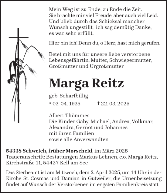 Todesanzeige von Marga Reitz von trierischer_volksfreund