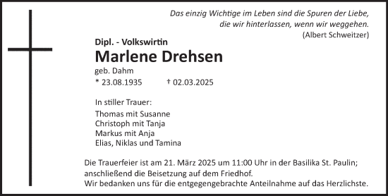 Todesanzeige von Marlene Drehsen von trierischer_volksfreund