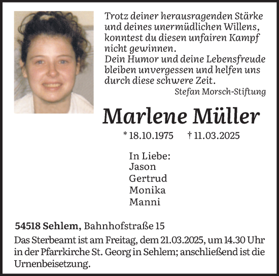 Todesanzeige von Marlene Müller von trierischer_volksfreund