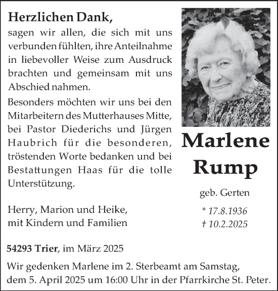 Todesanzeige von Marlene Rump von trierischer_volksfreund