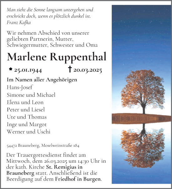 Todesanzeige von Marlene Ruppenthal von trierischer_volksfreund