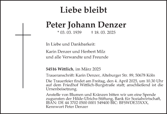 Todesanzeige von Peter Johann Denzer von trierischer_volksfreund