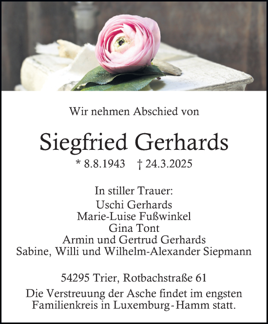 Todesanzeige von Siegfried Gerhards von trierischer_volksfreund