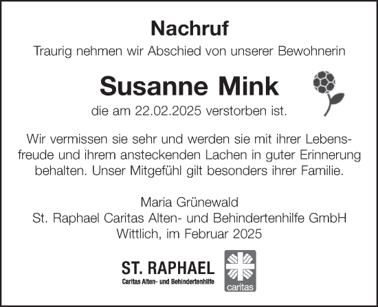 Todesanzeige von Susanne Mink von trierischer_volksfreund