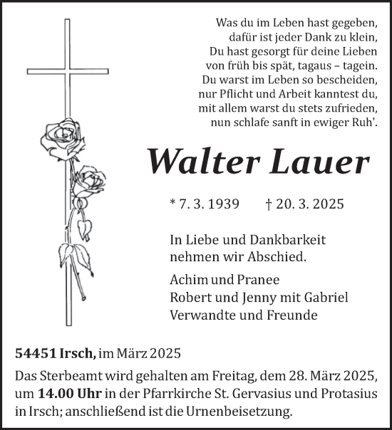 Todesanzeige von Walter Lauer von trierischer_volksfreund