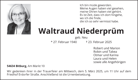 Todesanzeige von Waltraud Niederprüm von trierischer_volksfreund
