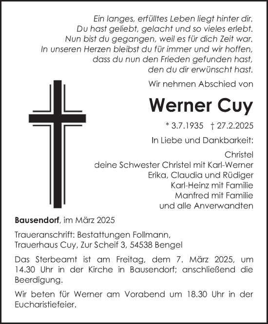 Todesanzeige von Werner Cuy von trierischer_volksfreund