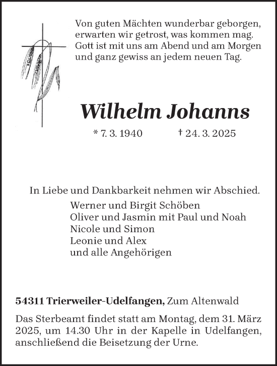 Todesanzeige von Wilhelm Johanns von trierischer_volksfreund