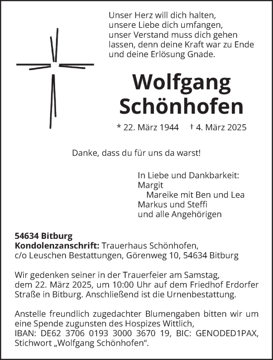 Todesanzeige von Wolfgang Schönhofen von trierischer_volksfreund