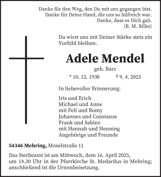 Todesanzeige von Adele Mendel von trierischer_volksfreund