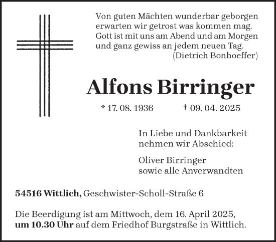 Todesanzeige von Alfons Birringer von trierischer_volksfreund