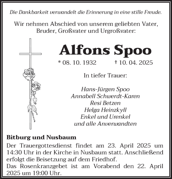 Todesanzeige von Alfons Spoo von trierischer_volksfreund
