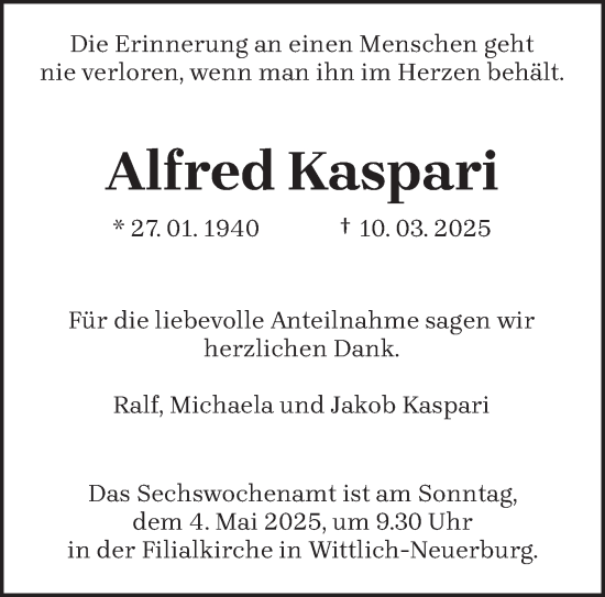 Todesanzeige von Alfred Kaspari von trierischer_volksfreund
