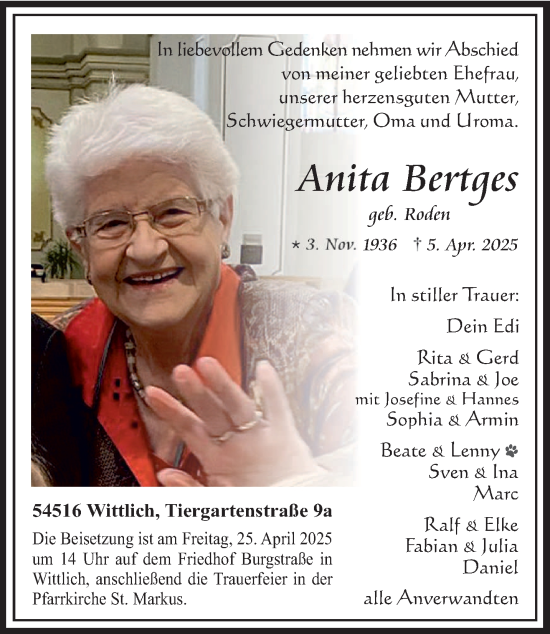 Todesanzeige von Anita Bertges von trierischer_volksfreund
