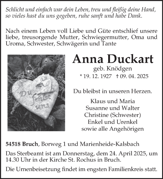 Todesanzeige von Anna Duckart von trierischer_volksfreund