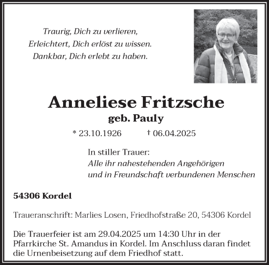 Todesanzeige von Anneliese Fritzsche von trierischer_volksfreund
