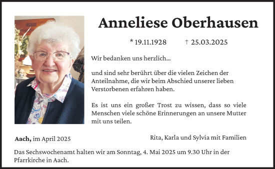 Todesanzeige von Anneliese Oberhausen von trierischer_volksfreund