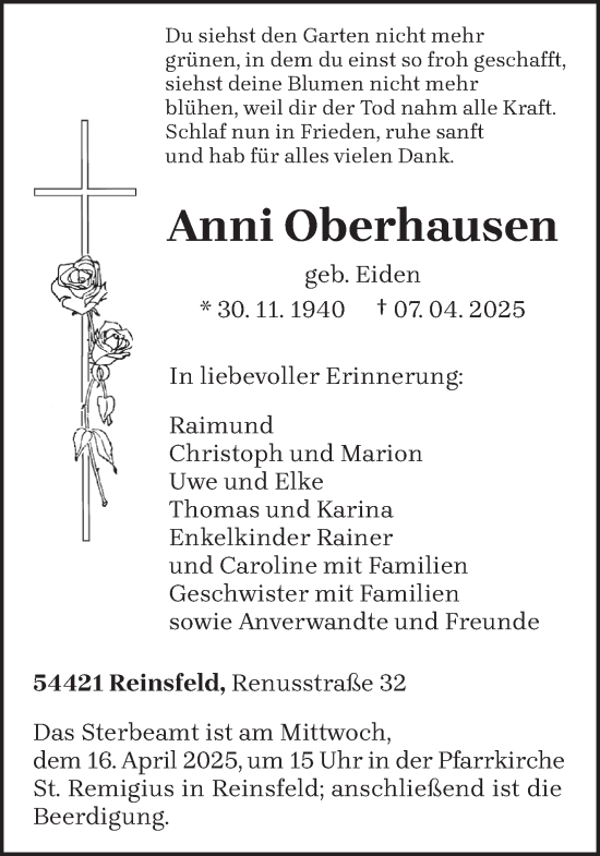 Todesanzeige von Anni Oberhausen von trierischer_volksfreund