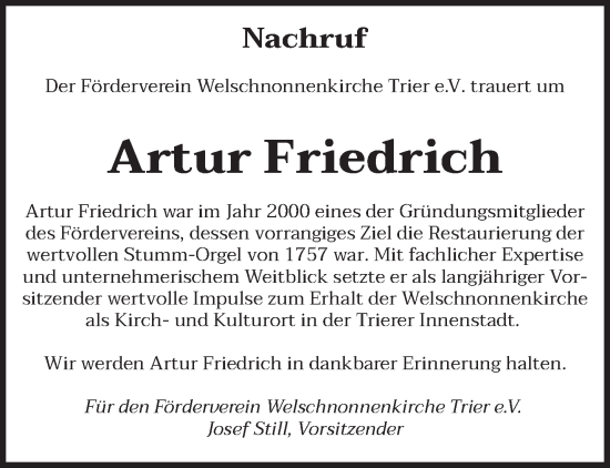Todesanzeige von Artur Friedrich von trierischer_volksfreund
