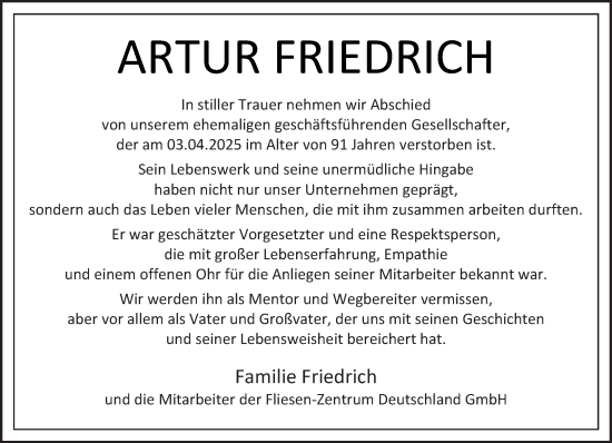 Todesanzeige von Artur Friedrich von trierischer_volksfreund