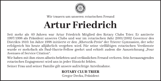 Todesanzeige von Artur Friedrich von trierischer_volksfreund