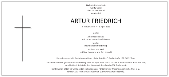 Todesanzeige von Artur Friedrich von trierischer_volksfreund