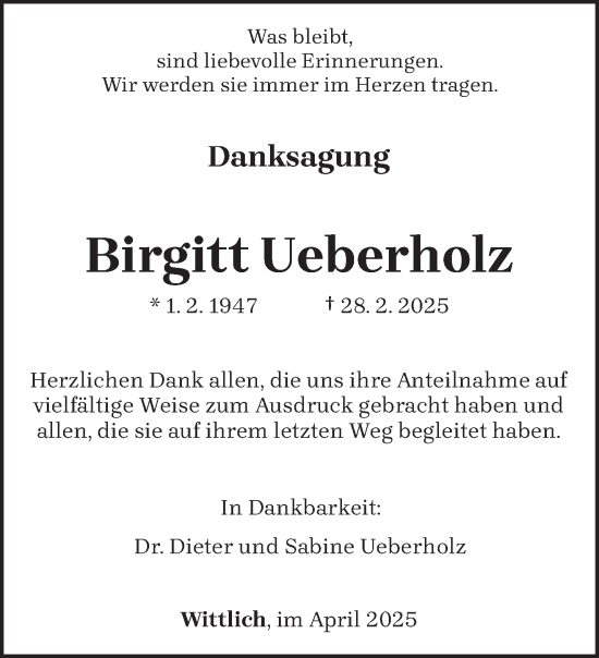 Todesanzeige von Birgitt Ueberholz von trierischer_volksfreund