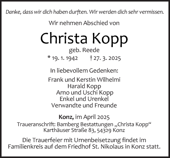 Todesanzeige von Christa Kopp von trierischer_volksfreund